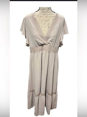 Unbranded Beige Deep Lace Vneck Flowy Boho Maxi Dress Size XL